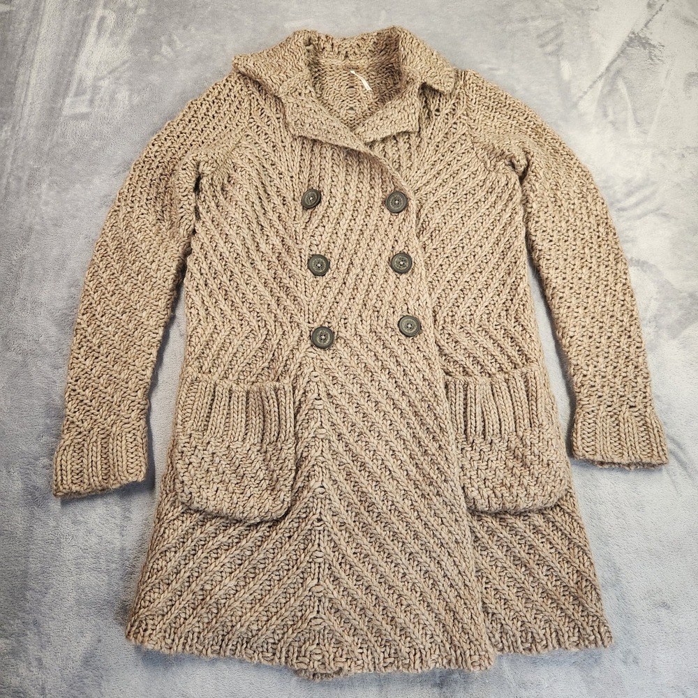 Free People Chunky Knit Double Breasted Cardigan Coat Tan Small Alpaca Wool S